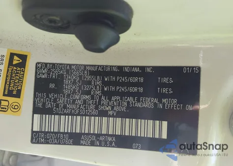 2015 Toyota Highlander Le z USA, uszkodzony, nr VIN 5TDZARFH3FS012560